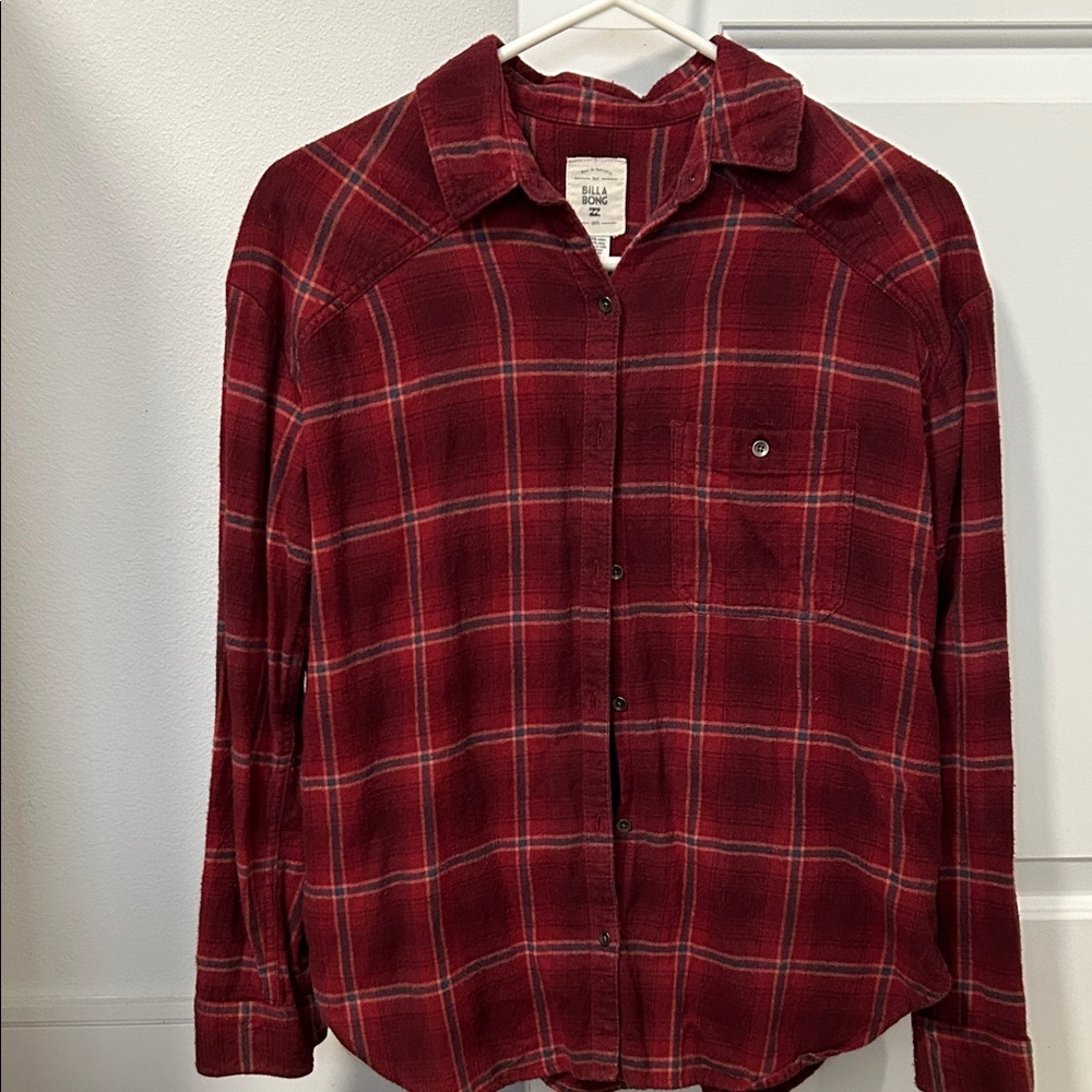 Billabong Women's Burgundy Plaid Button Down Flannel Shirt